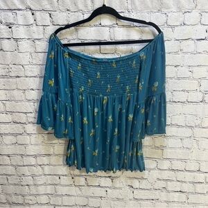 Free People Lana Smocked Off the Shoulder Tunic Mermaid Teal Floral XS